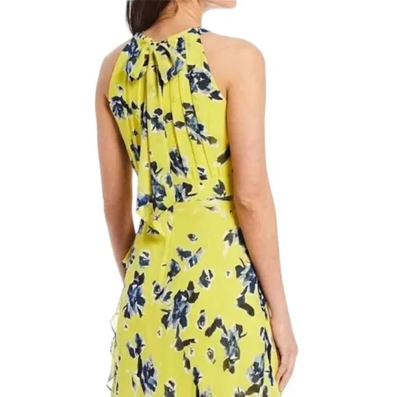 Eliza J Sleeveless Halter Neck Ruffle Thigh High Slit Floral Print Maxi  dress